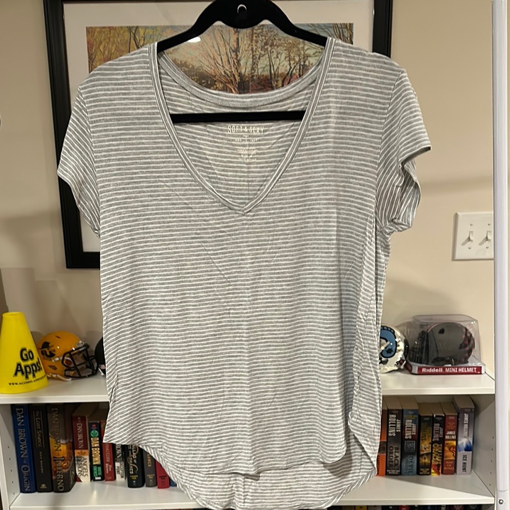 Gray Striped V-Neck Women's Top